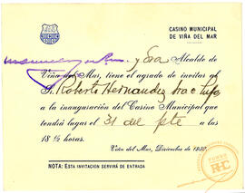 Invitación inauguración Casino Municipal de Viña del Mar a Roberto Hernandez