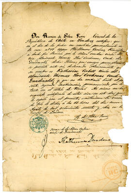 Cónsul de Chile en Londres certifica estado civil de viuda de Lord Cochrane