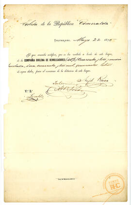 Recibo de Corbeta Esmeralda a Compañía Chilena de Remolcadores 1875