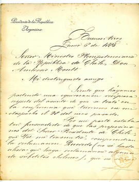 Carta de Julio Roca a Ministro Ambrosio Montt en Argentina