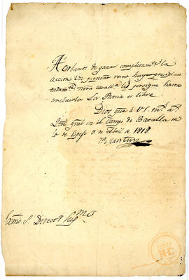 Telegrama y comunicación que San Martín dirigió a Bernardo O'Higgins, informándole de la victoria...