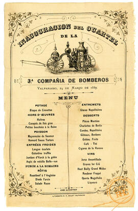 Textil impreso con menú de la inauguración de la tercera compañía de bomberos de Valparaíso